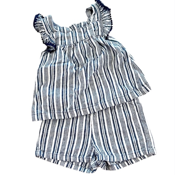 CARTER’S Baby Girl Linen Striped Tank & Short Set, Blue White, 18M - Picture 2 of 9